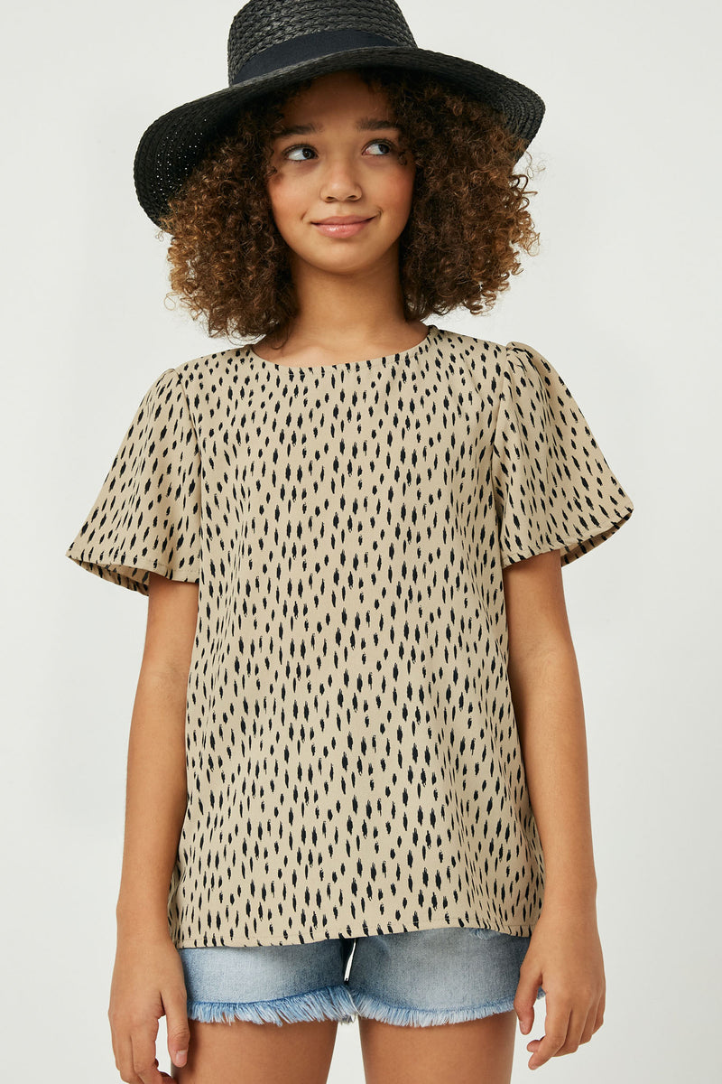 GY2560 Girls Printed Short Sleeve Keyhole Top Front