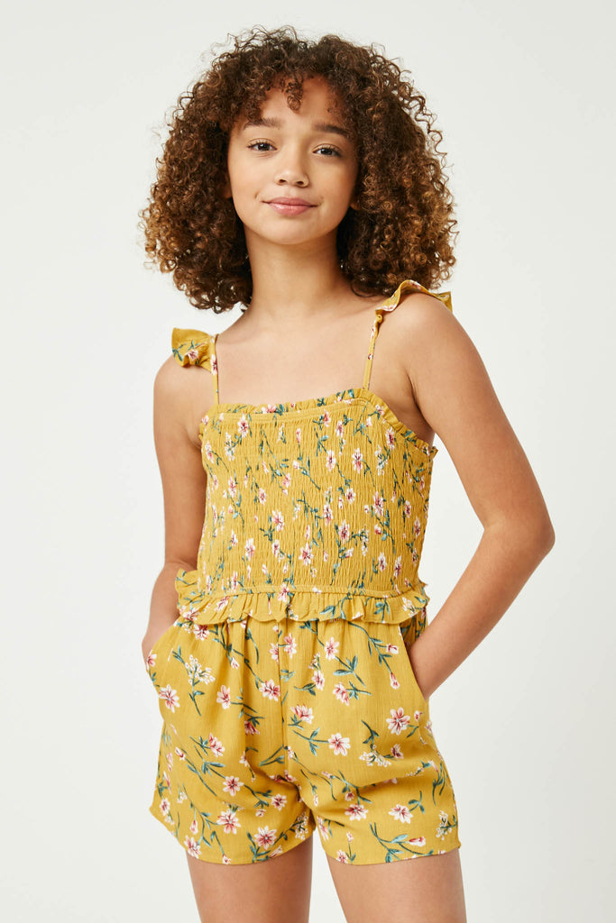 GY2587 Yellow Girls Ruffled Floral Smocked Romper Front