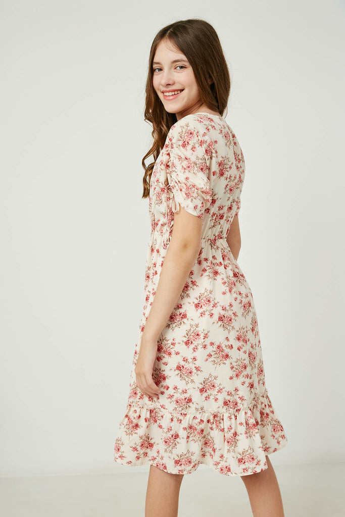 GY2630 IVORY Girls Floral Drawstring Sleeve Dress Back