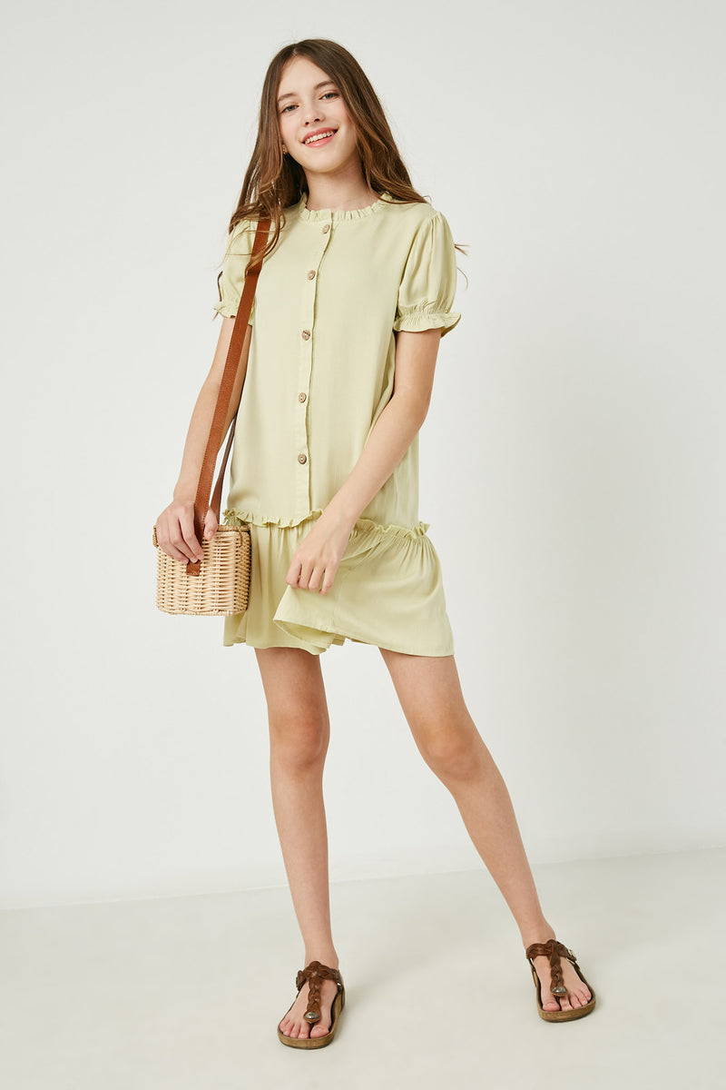 GY2631 SAGE Girls Ruffled Button Down Drop Waist Dress Full Body