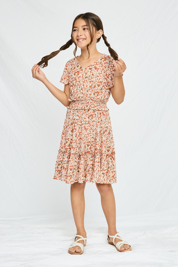 GY2705 CORAL Girls Smocked Waist Floral Flutter Sleeve Dress Full Body