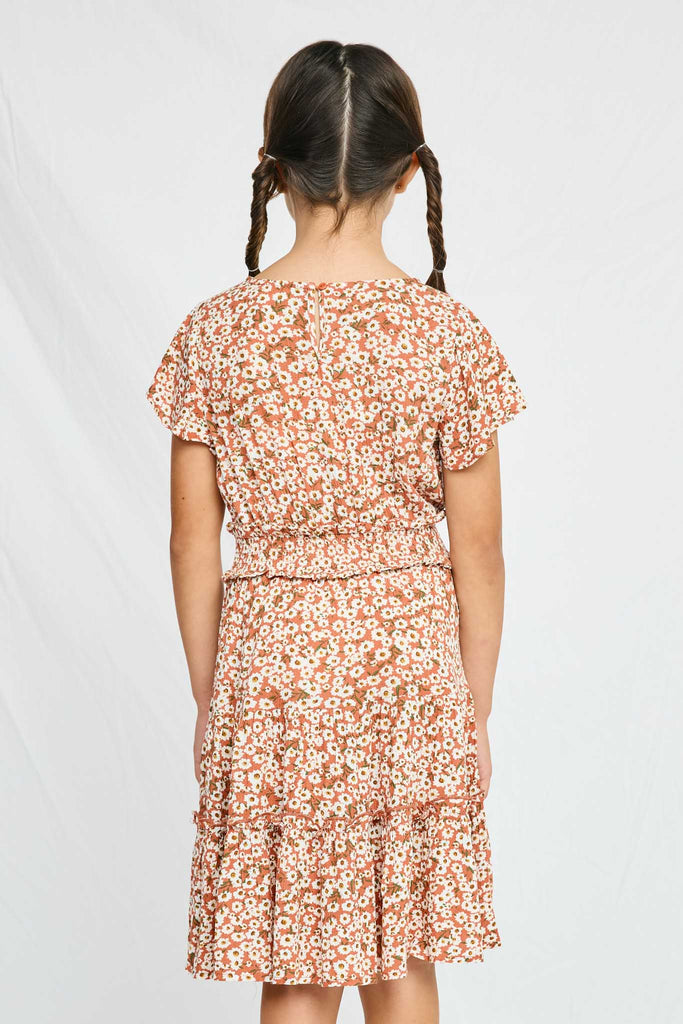 GY2705 CORAL Girls Smocked Waist Floral Flutter Sleeve Dress Back
