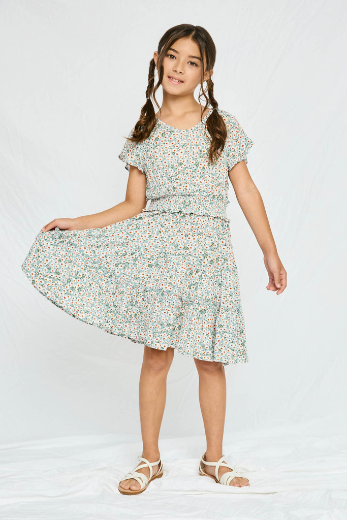 GY2705 MINT Girls Smocked Waist Floral Flutter Sleeve Dress Full Body