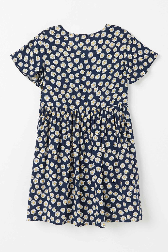 GY2706 Navy Girls Floral Flutter Sleeve Pocket Dress Flat Back