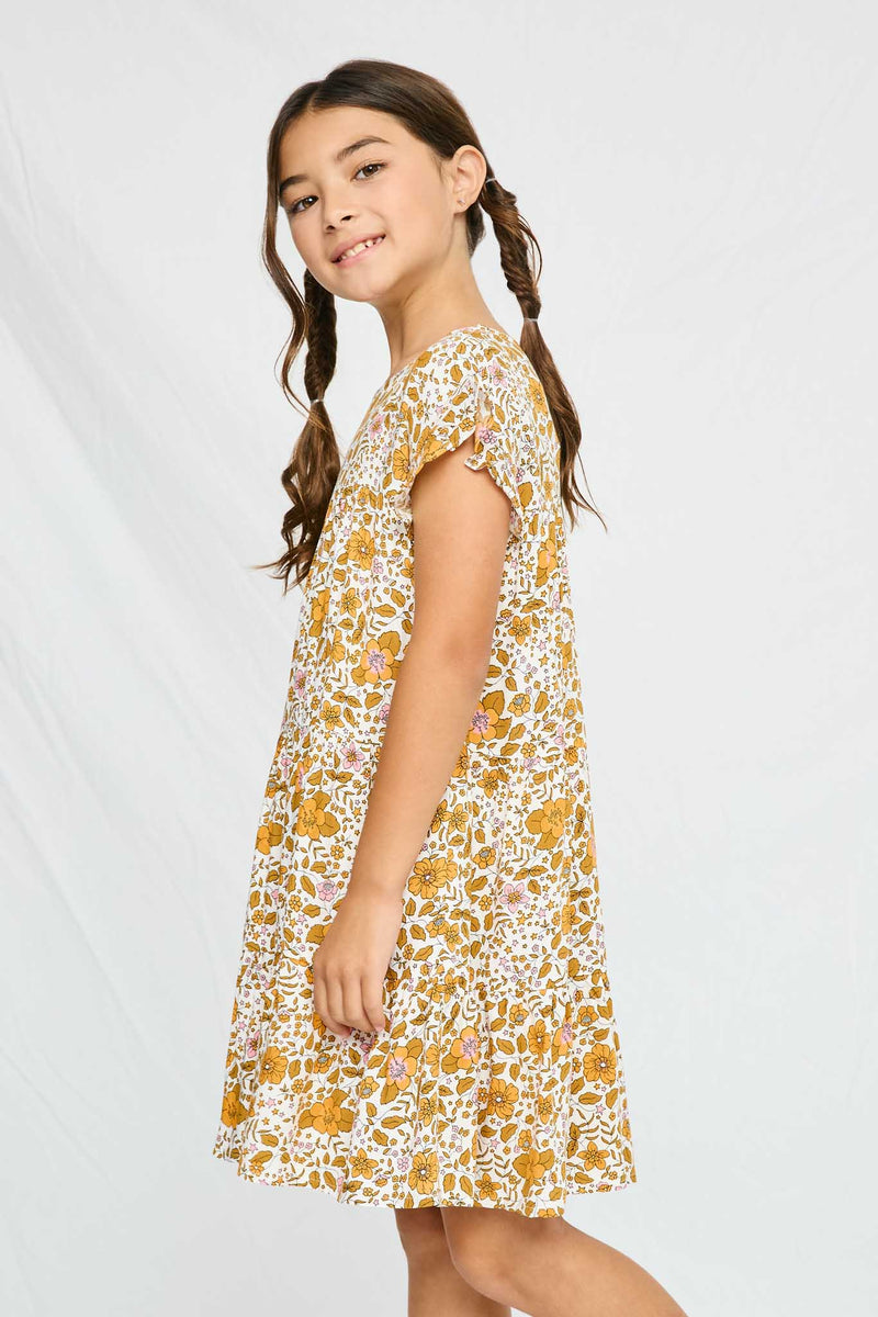 GY2754 MUSTARD Girls Ditsy Floral Ruffle Sleeve Dress Side