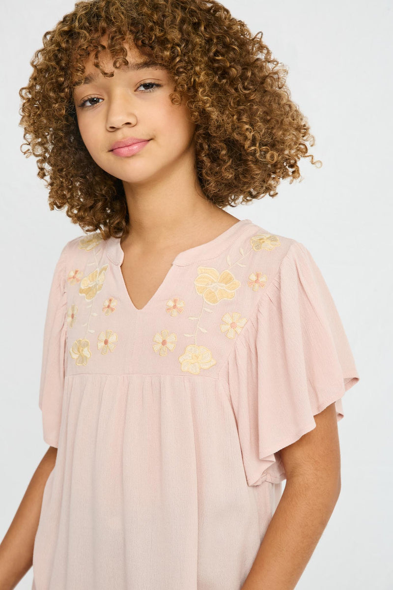 GY2825 BLUSH Girls Floral Embroidered Ruffle Sleeve Textured Top Detail