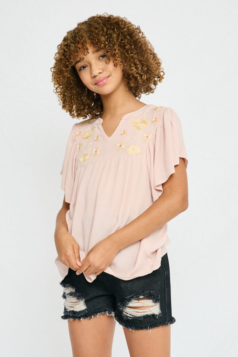GY2825 BLUSH Girls Floral Embroidered Ruffle Sleeve Textured Top Front
