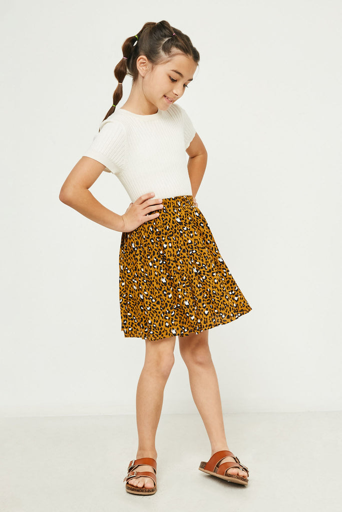 GY2884 MUSTARD Girls Leopard Plated Elastic Waist Tennis Skirt Front