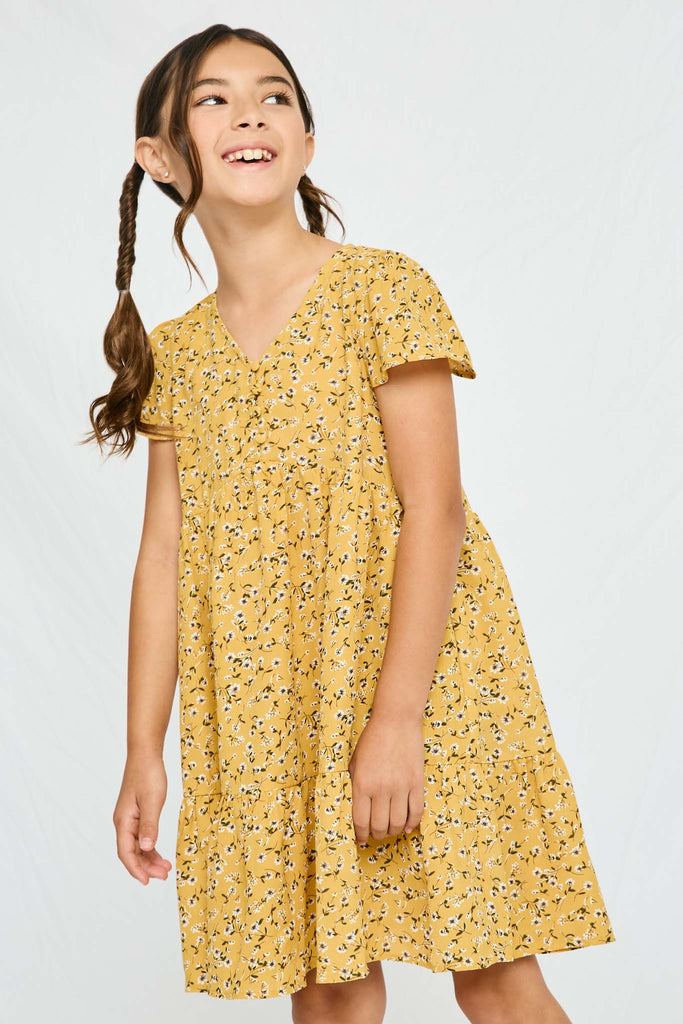 GY2894 Mustard Girls Floral Buttoned Flutter Sleeve Dress Side