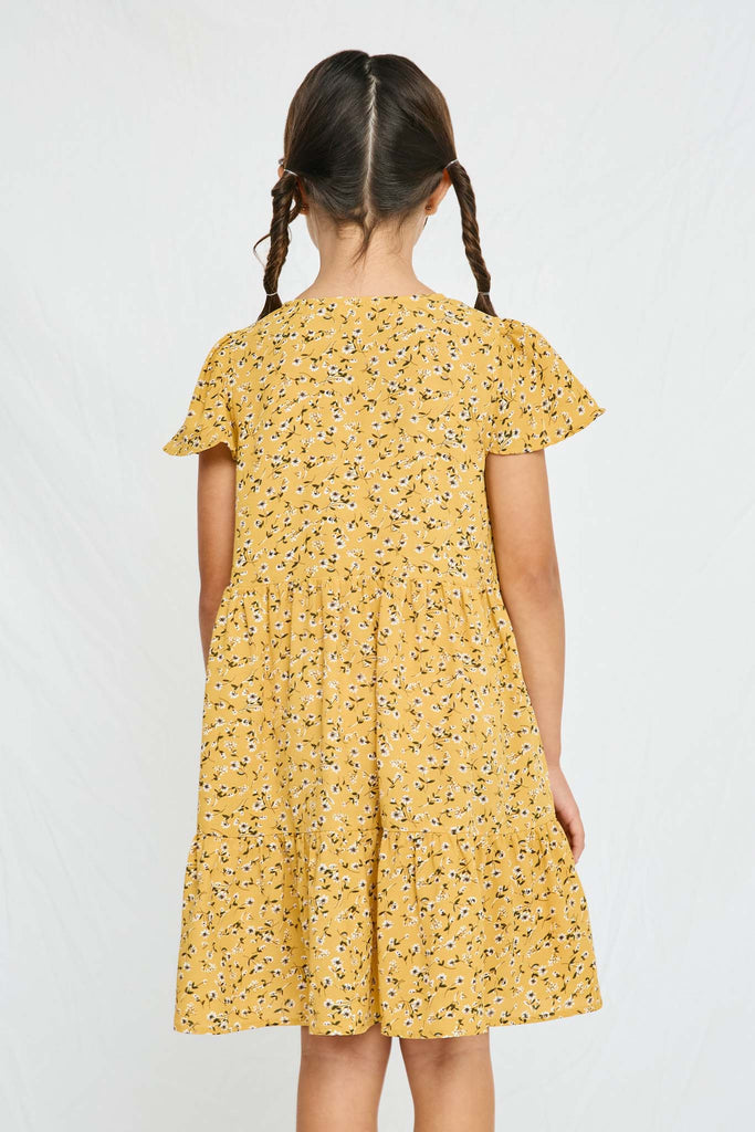 GY2894 Mustard Girls Floral Buttoned Flutter Sleeve Dress Back