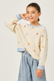 GY2974 IVORY Girls Contrast Band Multicolor Pom Pom Sweater Top Front