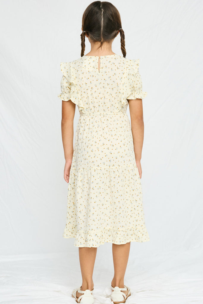 GY2980 YELLOW Girls Textured Ditsy Floral Belted Dress Back