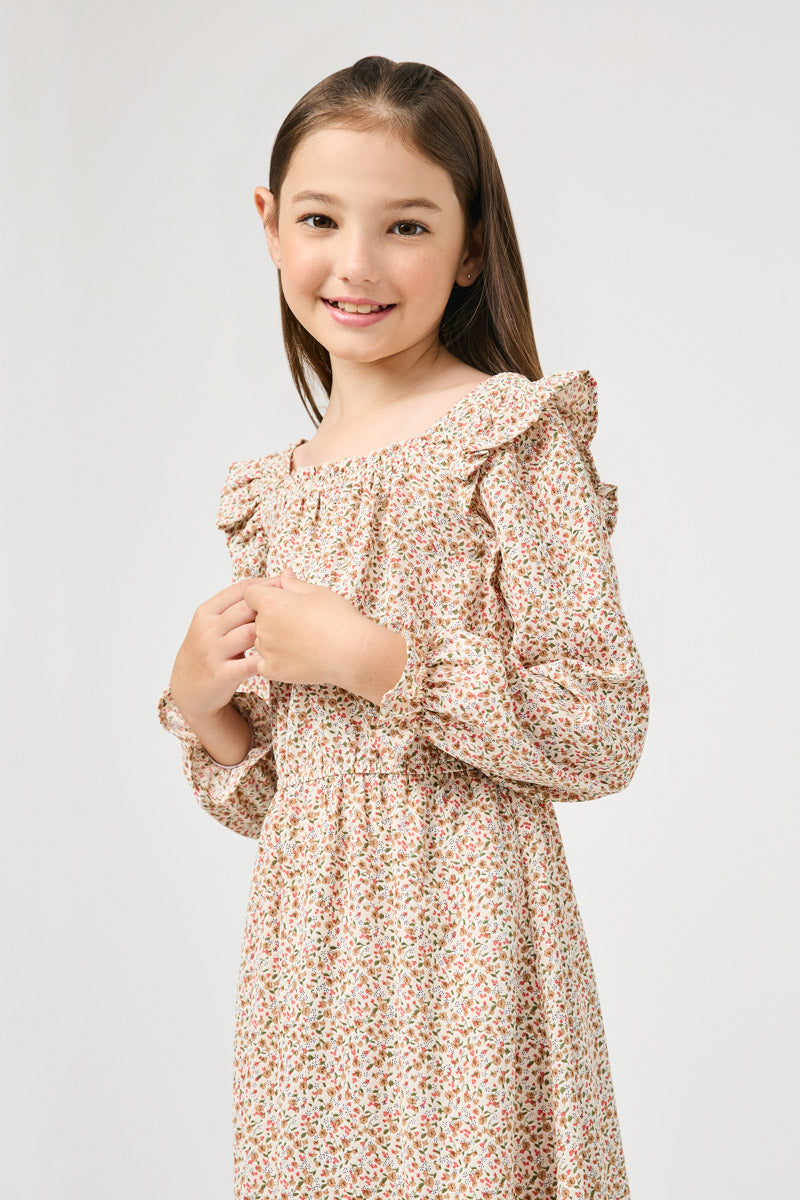 GY5041 Ivory Girls Ditsy Floral Squared Ruffle Neck Long Sleeve Dress Close Up