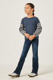GY5062 NAVY Girls Floral Contrast Sleeve Rib Knit Top Full Body