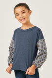 GY5062 NAVY Girls Floral Contrast Sleeve Rib Knit Top Front