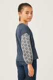 GY5062 NAVY Girls Floral Contrast Sleeve Rib Knit Top Back