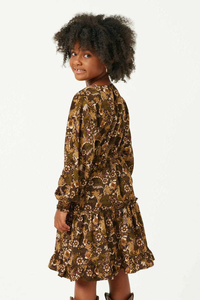 GY5105 OLIVE Girls Printed Dolman Sleeve Tiered Skirt Dress Back