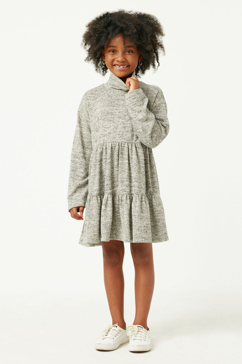 GY5289 OATMEAL Girls Marled Stretch Knit Long Sleeve Turtleneck Tunic Full Body
