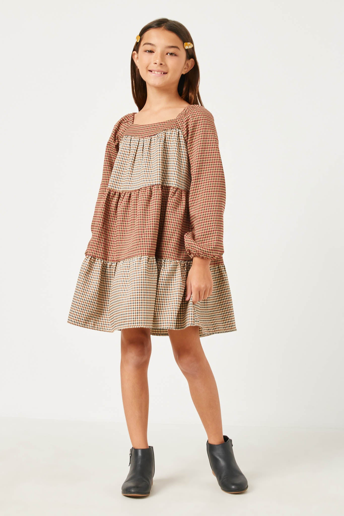 girls brown gingham dress Sweet, simple and made for sunny days  This brown gingham girls' dress  features a relaxed, easy fit in our signature WMM shape. Crafted from  lightweight, breathable cotton voile with delicate frill