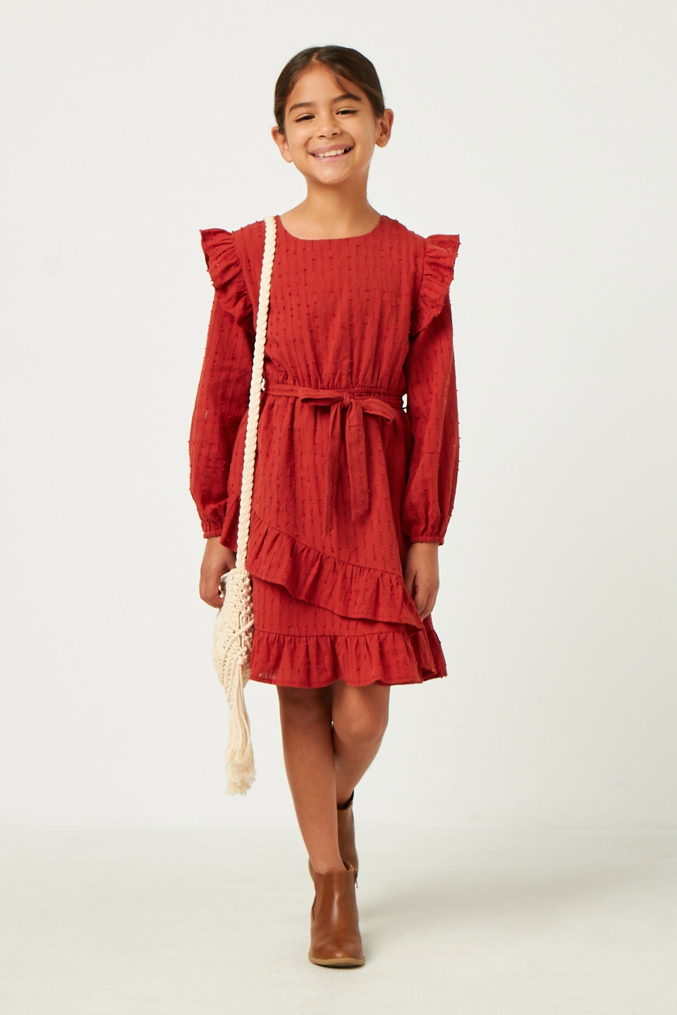 Girls Long Sleeve Belted Dress