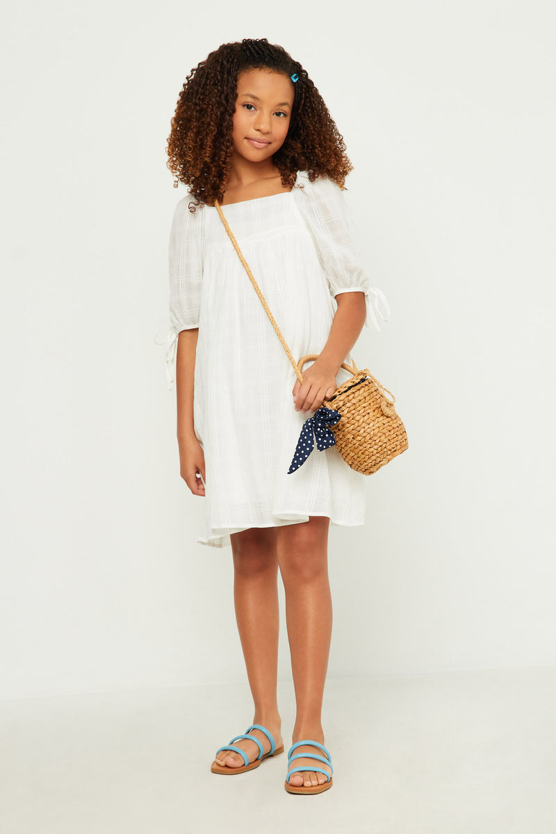 GY5525 OFF WHITE Girls Textured Solid Checkered Tie Sleeve Square Neck Dress Full Body