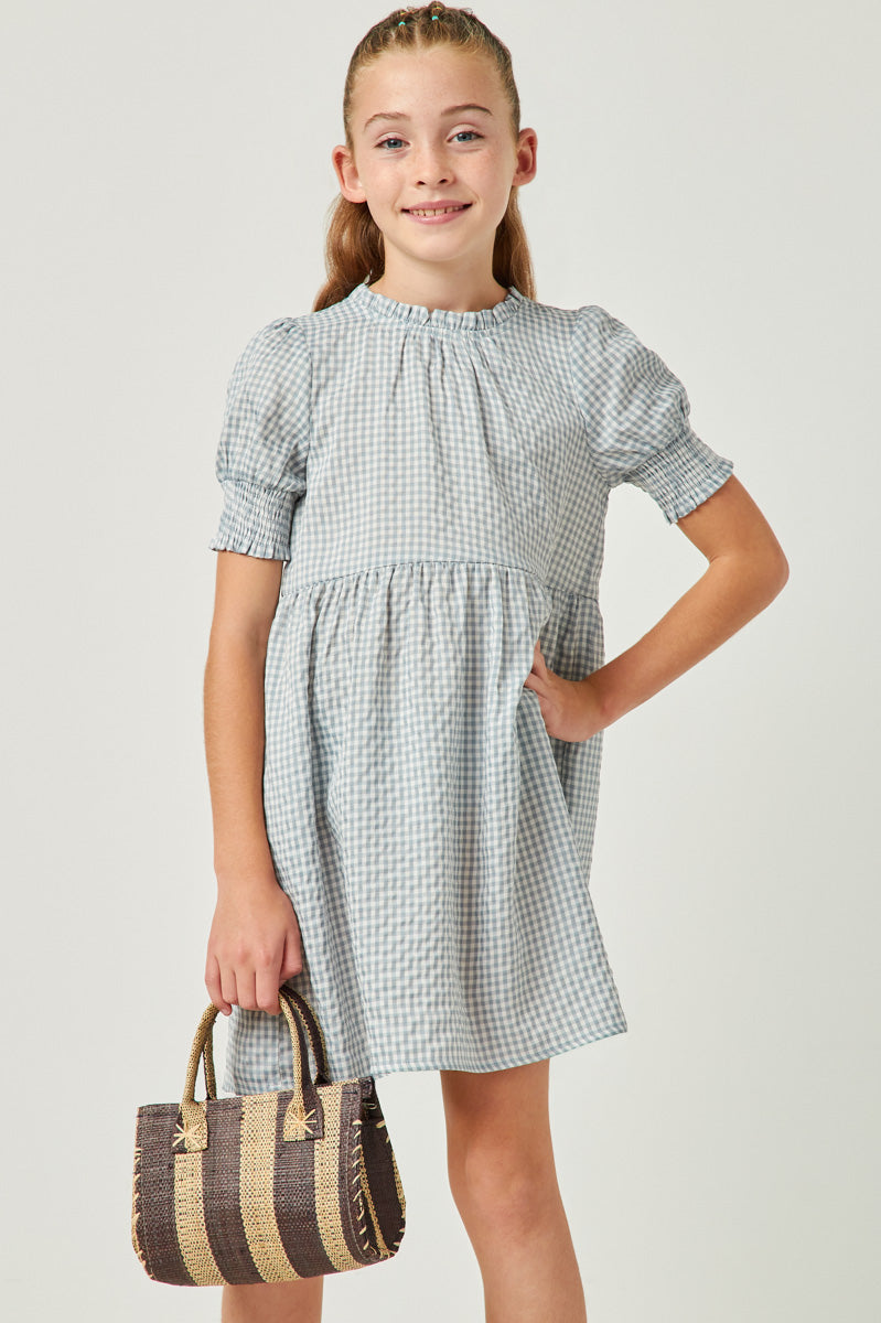 white dress with blue trim Blue 1950s Gingham Plaid Ruffle Swing Dress main image 1