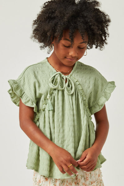 Cheerful Pattern Ruffle Short Top レディース Women's Jacquard Tops V-Neck Ruffle Cap Sleeve Pleated