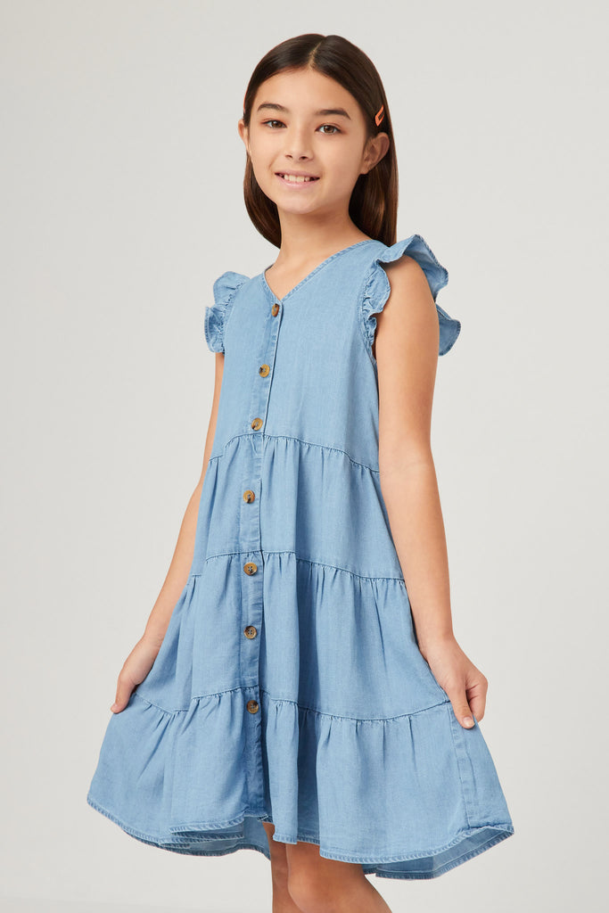 GY5607 Light Denim Girls Ruffle Button Down Tiered Dress Front 2