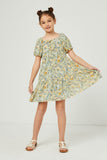 Floral Puff Sleeve Tie Front Tiered Dress