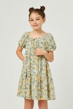GY5635 Mint Girls Floral Puff Sleeve Tie Front Tiered Dress Front