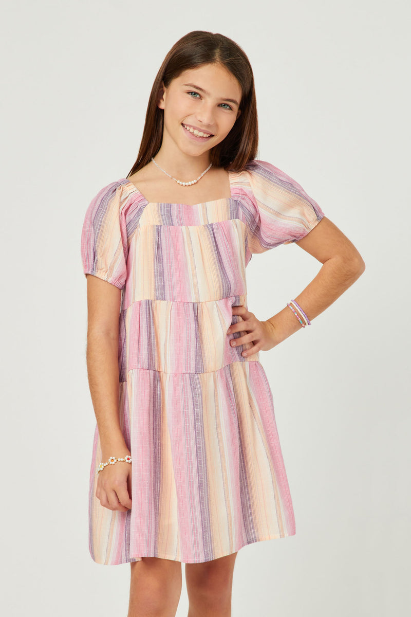 GY5672 PINK Girls Textured Vertical Stripe Puff Sleeve Tiered Dress Front