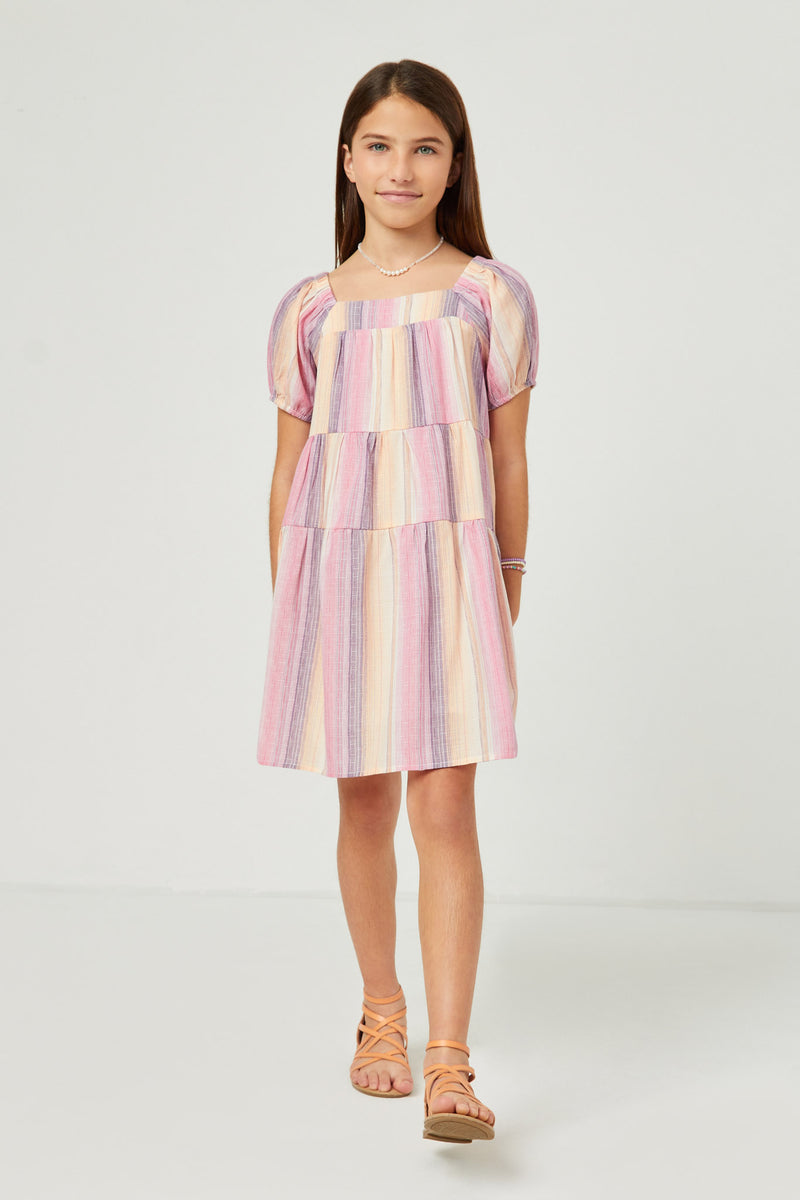 GY5672 PINK Girls Textured Vertical Stripe Puff Sleeve Tiered Dress Full Body