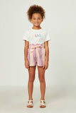 GY5673 PINK Girls Textured Stripe Paperbag Belted Soft Shorts Full Body 2