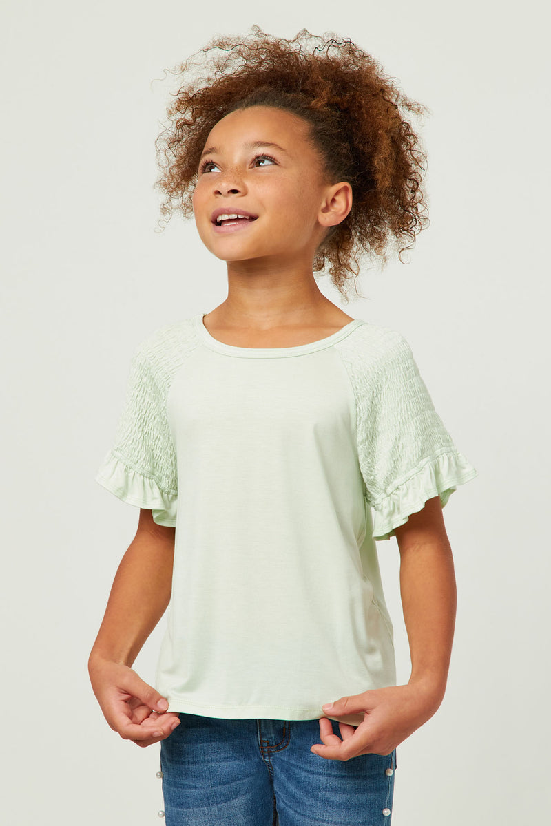 GY5769 MINT Girls Smocked Shoulder Ruffle Sleeve Top Front