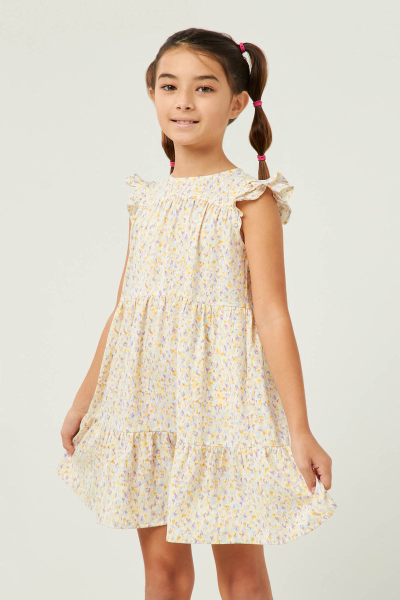 GY5772 YELLOW Girls Ditsy Floral Sleeveless Smocked Ruffle Shoulder Dress Front