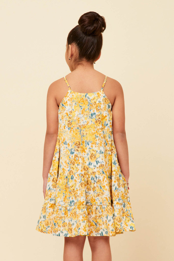 GY5895 Yellow Girls Tie Front Tiered Floral Midi Tank Dress Back