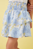 GY5967 BLUE MIX Girls Textured Floral Smocked Waist Layered Skirt Detail