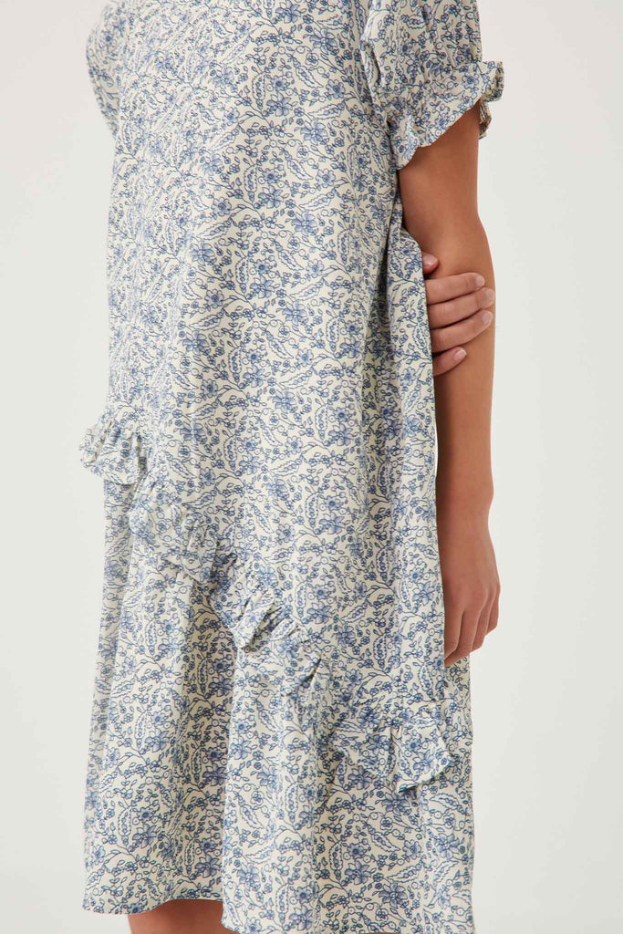 GY6003 BLUE Girls Asymmetric Ruffled Cinch Sleeve Dress Detail