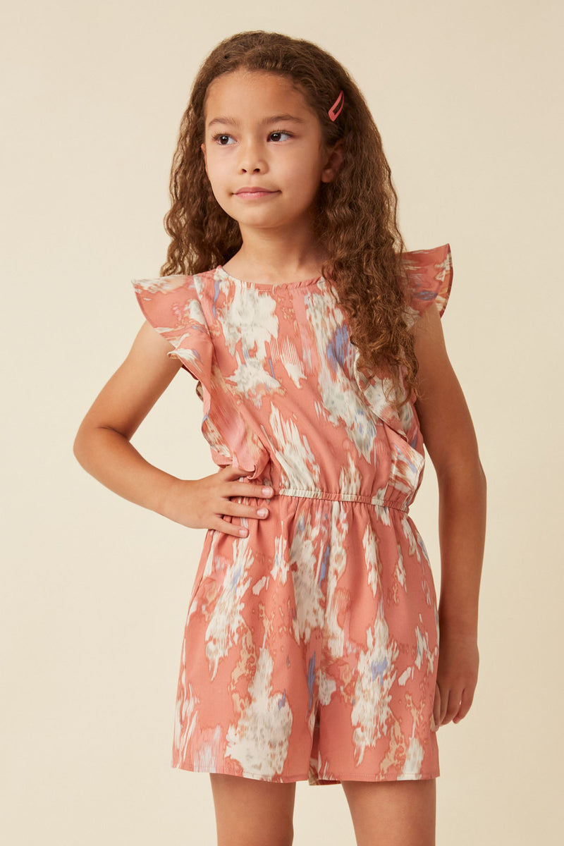 GY6021 PINK Girls Watercolor Ruffled Sleeve Romper Front