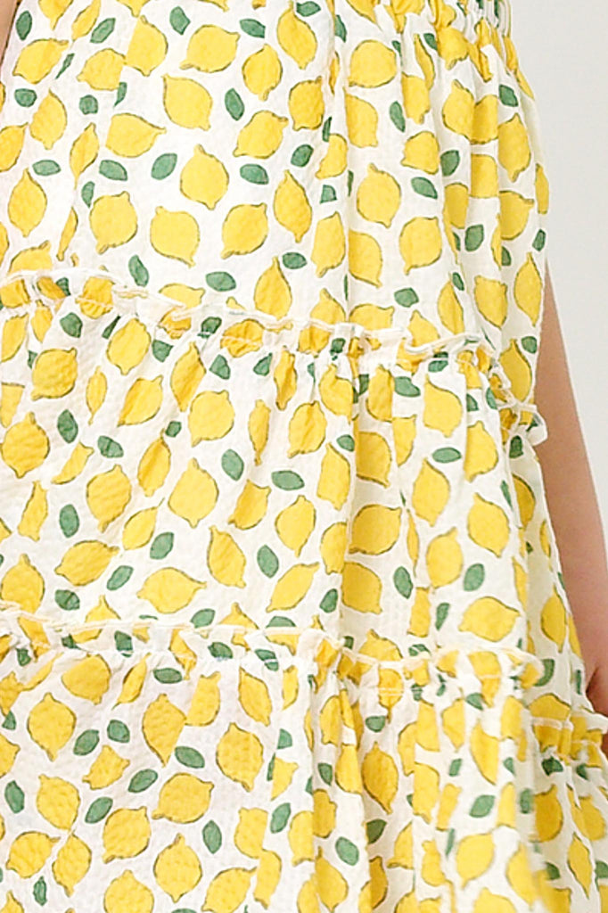 GY6035 LEMON Girls Ruffle Detail Lemon Print Tiered Skirt Detail