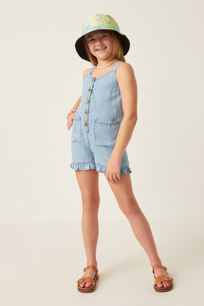 GY6055 LIGHT DENIM Girls Tencel Ruffle Hem Patch Pocket Jumper Full Body