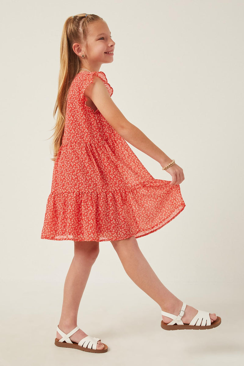 GY6103 RED Girls Ditsy Floral Ruffle Tank Dress Full Body