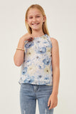 GY6163 Blue Girls Ruffle Trimmed Floral Chiffon Tank Front