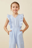 GY6174 Blue Girls Checkered Embroidered Ruffle Sleeveless Jumpsuit Front