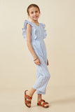 GY6174 Blue Girls Checkered Embroidered Ruffle Sleeveless Jumpsuit Full Body 2