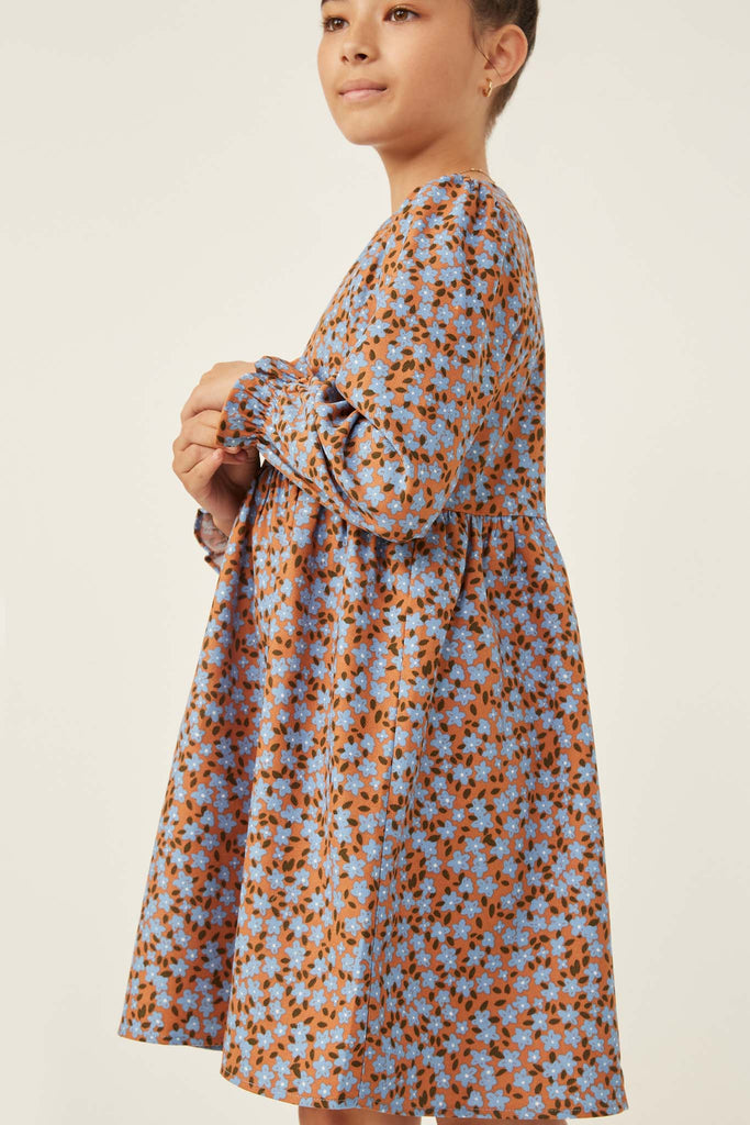 GY6280 Camel Girls Floral Printed Corduroy Cinch Cuff Dress Detail