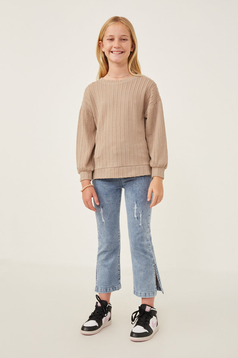 GY6284 Taupe Girls Cable Knit Long Sleeve Top Full Body