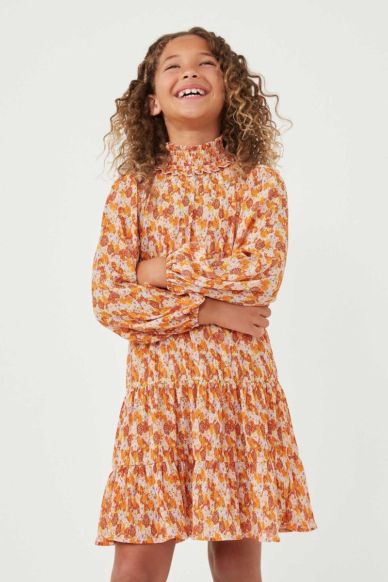 GY6325 RUST Girls Floral Print Smocked Detail Puff Sleeve Dress Front