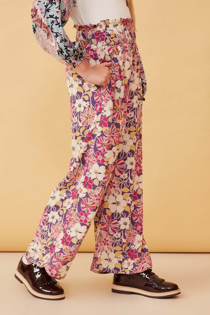 GY6398 Violet Girls Floral Print Smocked Elastic Waist Wide Leg Pants Side