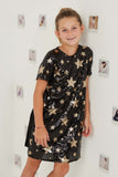 GY6421 Black Girls Sequined Star Pattern Shift Dress Pose